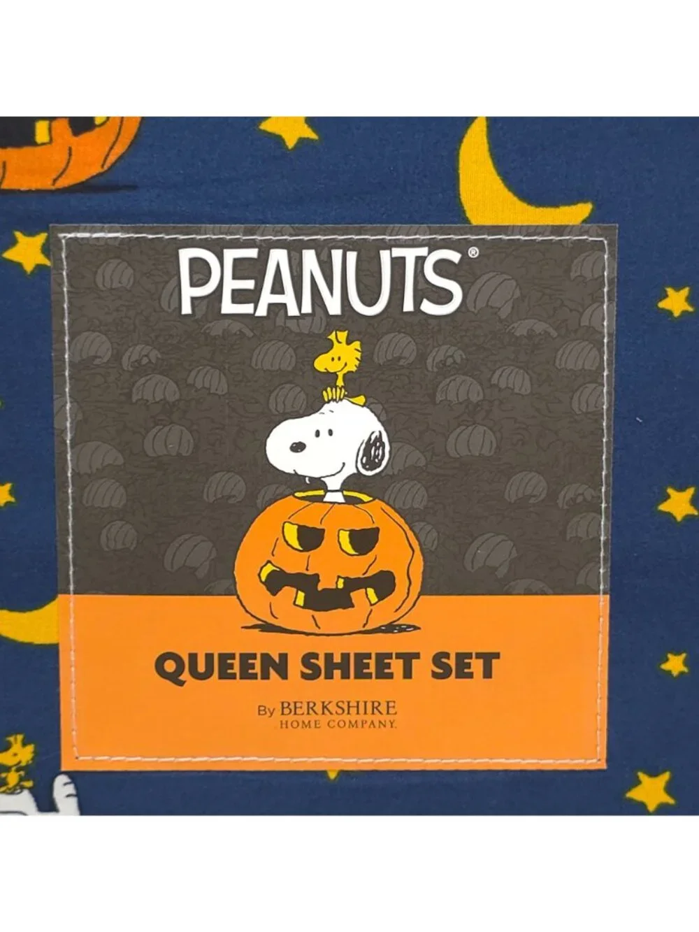 Peanuts Queen Sheet Set Snoopy Halloween By Berkshire Navy w/ Orange Pumpkins